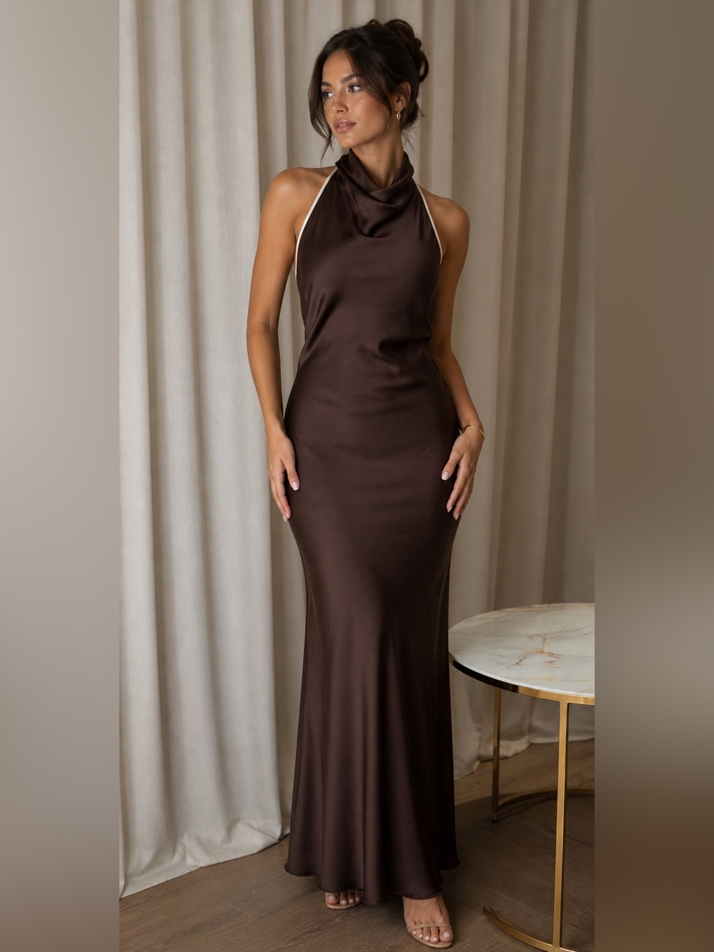 Zara Brown Satin Halter Midi Dress with Trim Accents